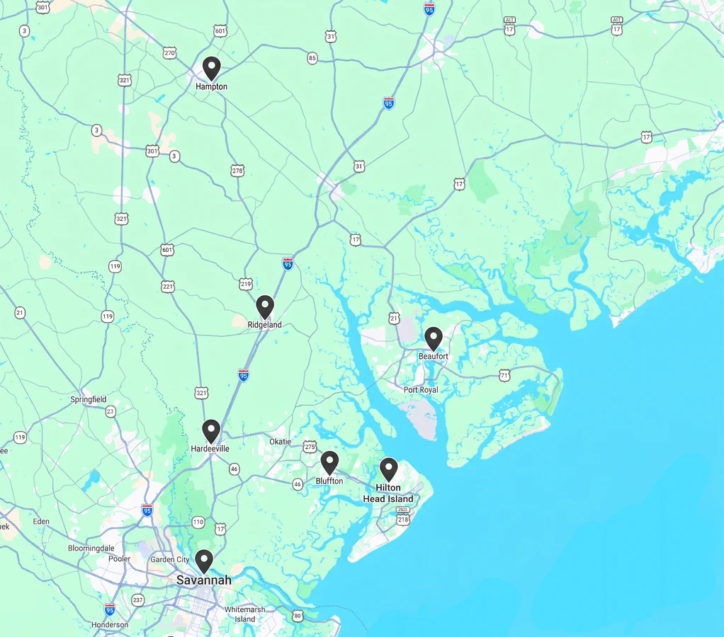 Map of JJ Roofing's Lowcountry service area: Bluffton, Hilton Head, Beaufort, Hardeeville, Ridgeland and Hampton, South Carolina, plus Savannah, Georgia.