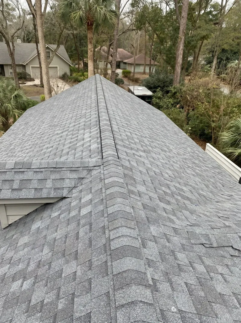 Completed CertainTeed Landmark architectural shingle roof, hip and ridge cap installed