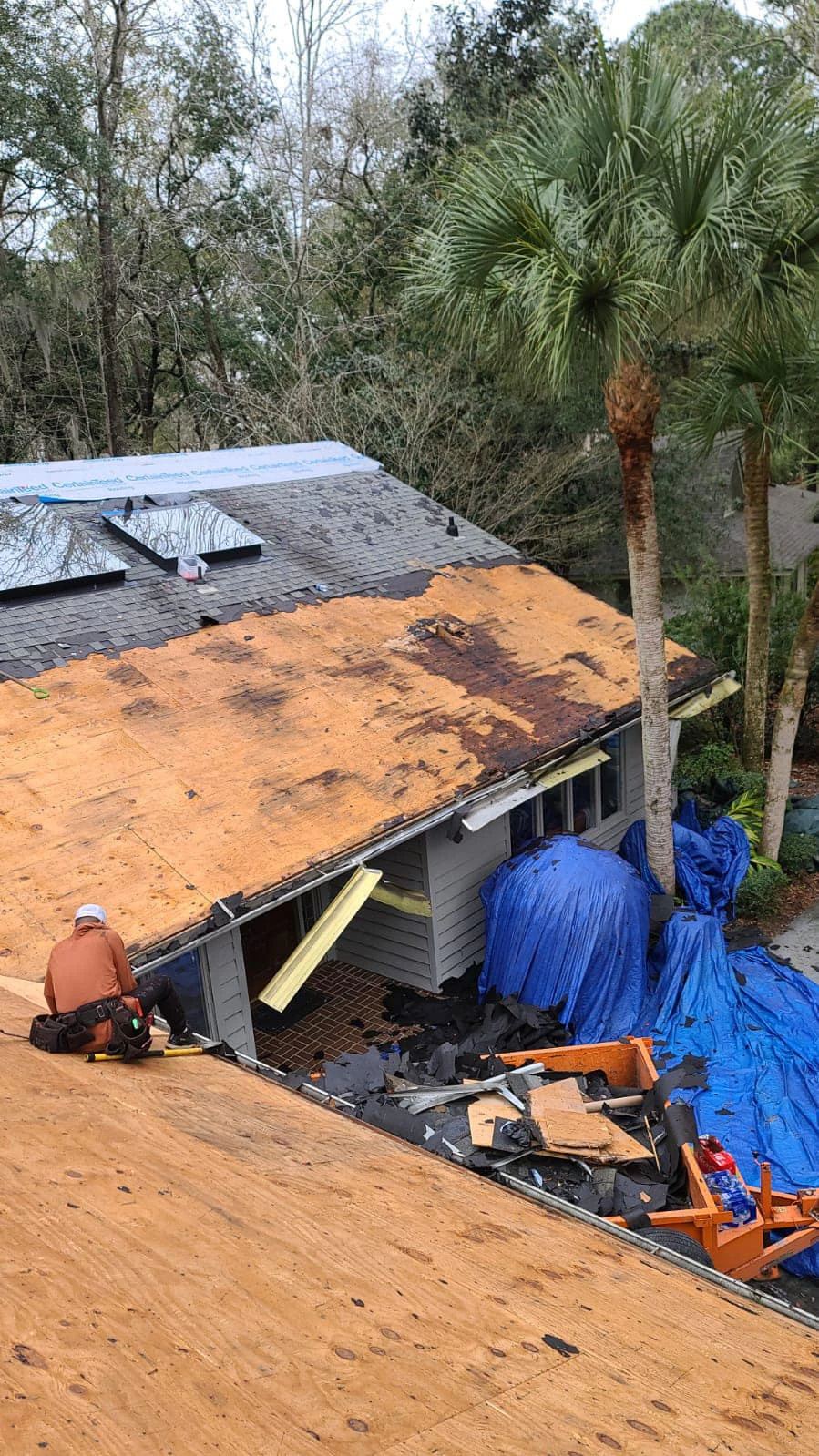 JJ Roofing crew tearing off old shingles down to the plywood deck before re-roofing in Bluffton, South Carolina